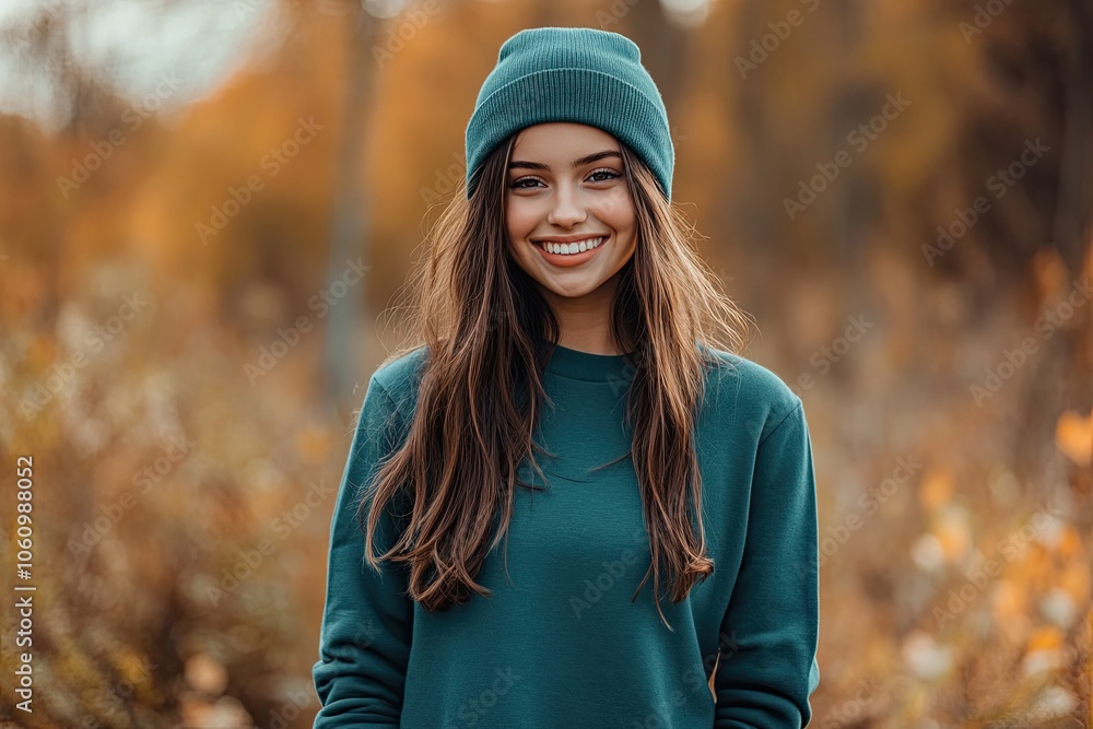 Woman in a teal sweatshirt and hat, a mockup template for an autumn․ Woman in a teal sweatshirt and hat, a mockup template for an autumn․