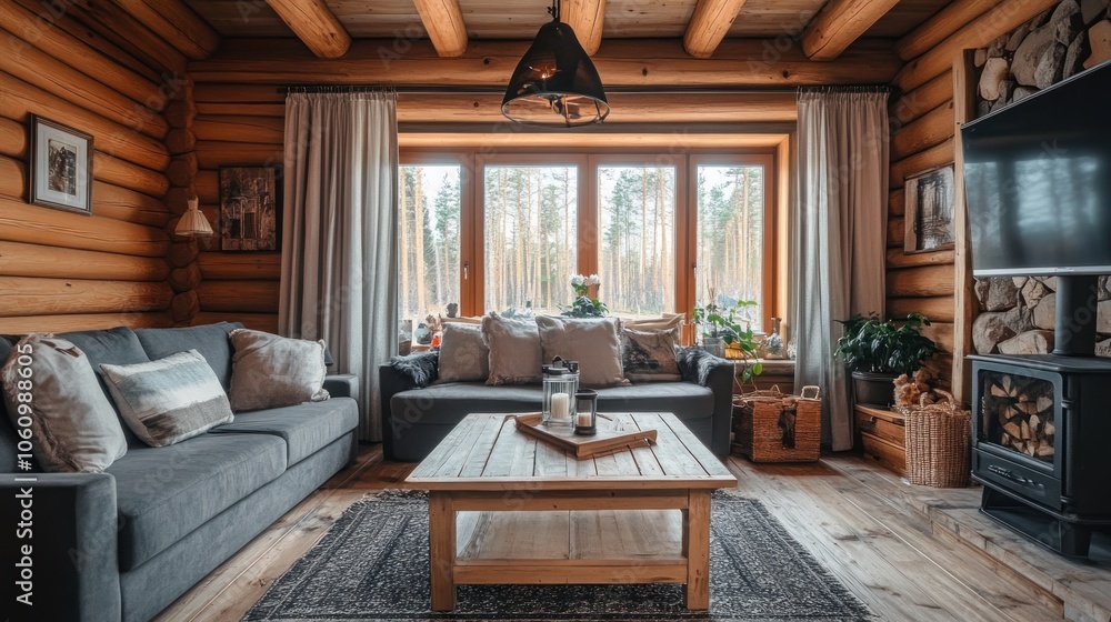 Naklejka premium Cozy log cabin living room with natural light and rustic decor.