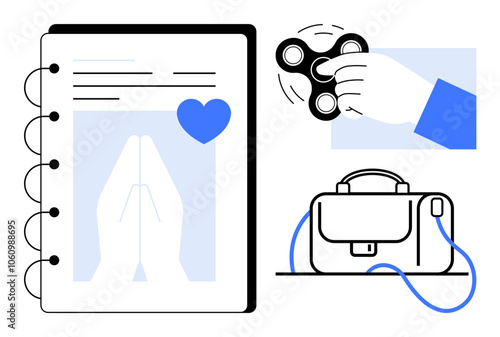 Hand holding fidget spinner, notebook with praying hands and heart, and briefcase. Ideal for stress management, relaxation techniques, organization, corporate life, mental health, productivity, daily