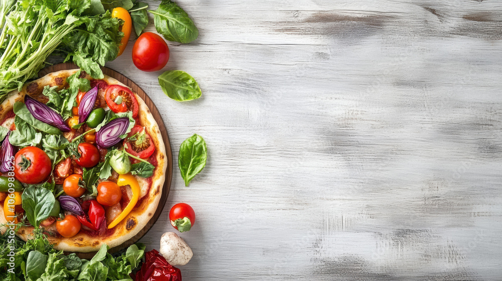 Fresh vegetable pizza with assorted greens and herbs on rustic wooden table Fresh vegetable pizza with assorted greens and herbs on rustic wooden table