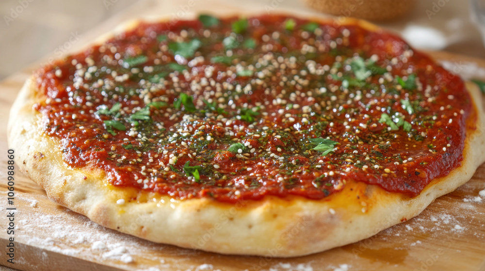 Freshly baked italian focaccia with tomato sauce and herbs on rustic wooden board Freshly baked italian focaccia with tomato sauce and herbs on rustic wooden board