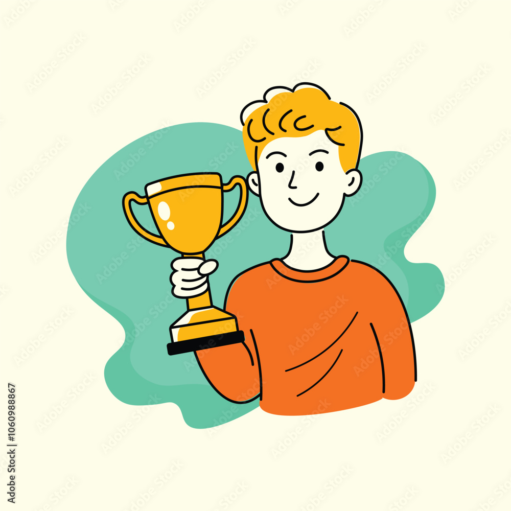 Fototapeta premium Young Man Holding a Trophy Doodle style Illustration
