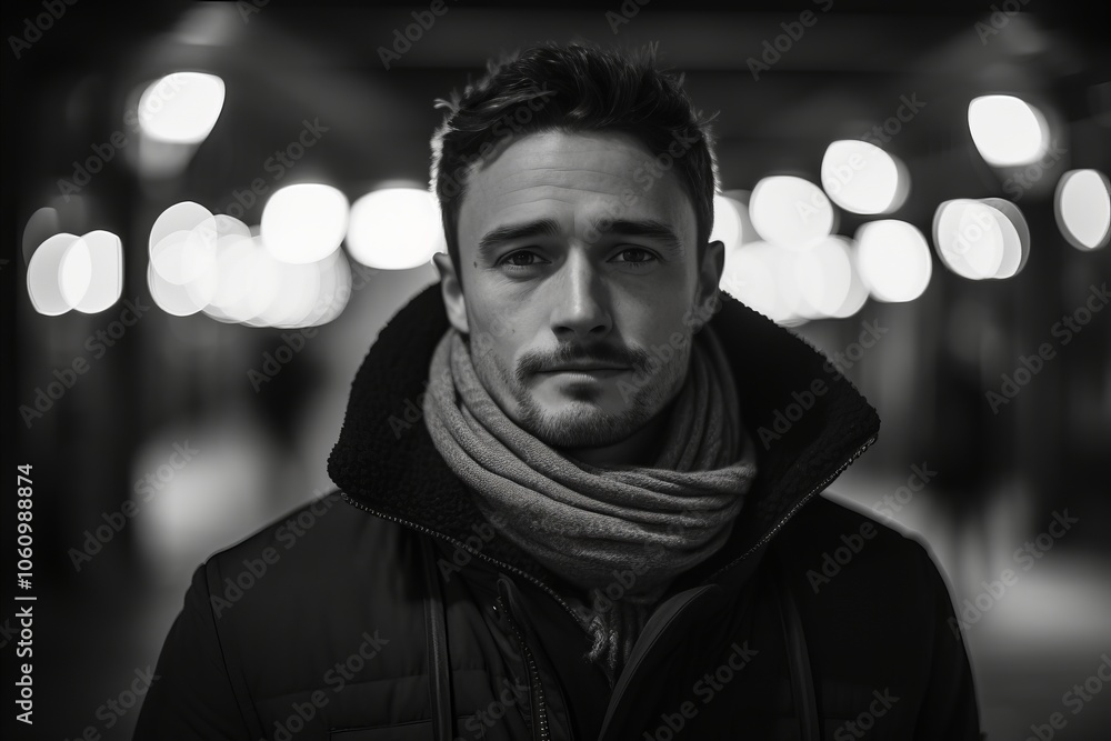 Portrait of a handsome young man in a black jacket and scarf on a city street. Portrait of a handsome young man in a black jacket and scarf on a city street.