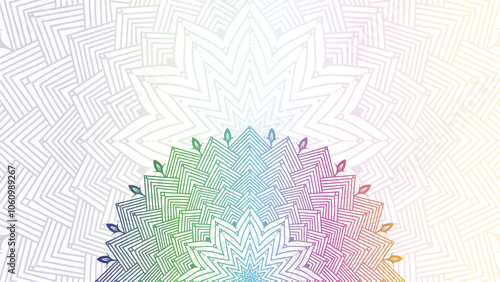 Round mandala on dreamy peach fuzz gradient background. Translucent mesh pattern in the form of a mandala. Mandala with floral patterns. Pastel Yoga template. Gradient background with round mandala.