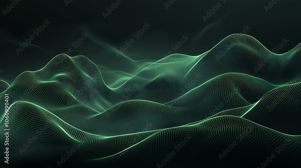 Fototapeta premium Abstract 3D mountain scene with green dot-and-line waves across a dark high-res background