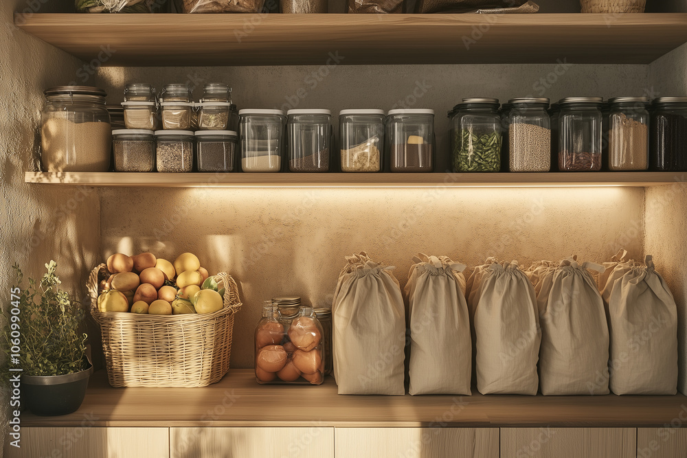 Organized Pantry with Glass Jars, Woven Basket, and Cloth Bags Organized Pantry with Glass Jars, Woven Basket, and Cloth Bags