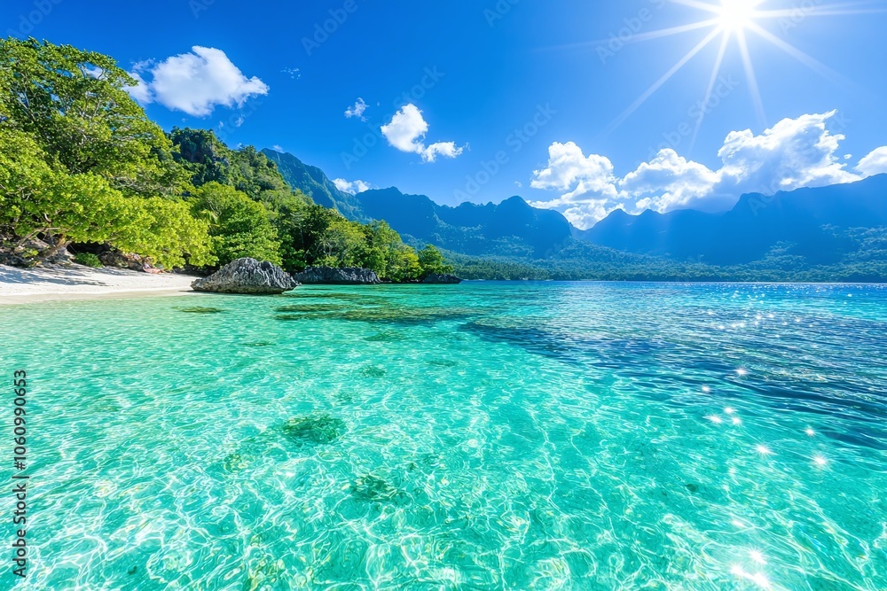 Fototapeta premium Crystal clear tropical water, lush island coastline, bright sunny day, turquoise ocean, vibrant natural beauty, tropical travel destination, paradise, peaceful beach scene, copy space for text