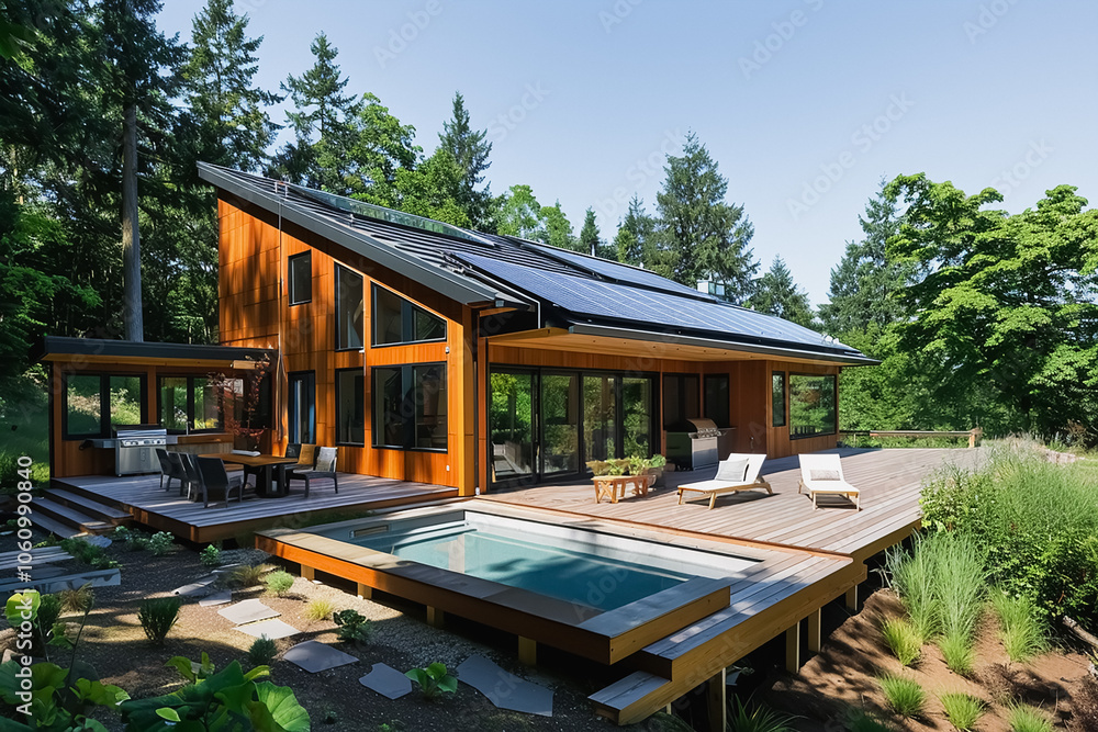 Obraz premium Contemporary wooden residence with solar panels and pool, Sustainable home with large deck and natural surroundings, Energy-efficient cabin in the woods