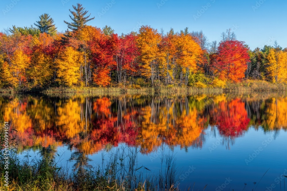 A serene lake reflecting the stunning colors of autumn foliage, with warm tones of red, orange, and gold creating a harmonious scene. A serene lake reflecting the stunning colors of autumn foliage, with warm tones of red, orange, and gold creating a harmonious scene.