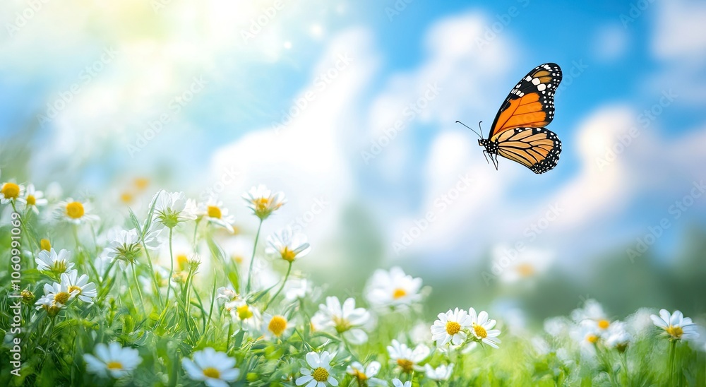 Beautiful spring nature background with a flying butterfly and white flowers․ Beautiful spring nature background with a flying butterfly and white flowers․