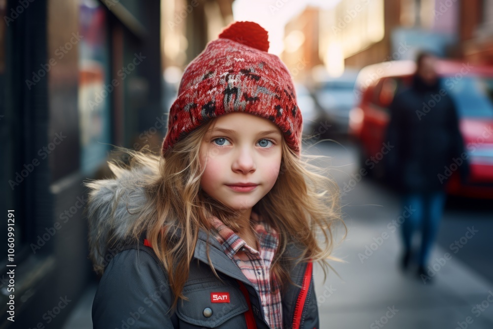 Portrait of a beautiful little girl in a red hat on the street Portrait of a beautiful little girl in a red hat on the street