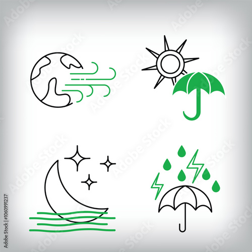 Sun protection, windy world and stormy rainfall icon set. Different linear weather designs.