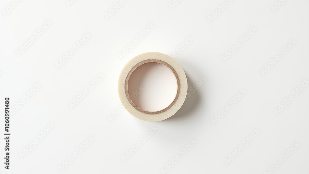 A single roll of transparent adhesive tape placed against a plain white background. A single roll of transparent adhesive tape placed against a plain white background.