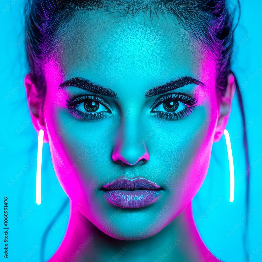 Closeup portrait of a young woman with pink and blue neon lighting. Closeup portrait of a young woman with pink and blue neon lighting.