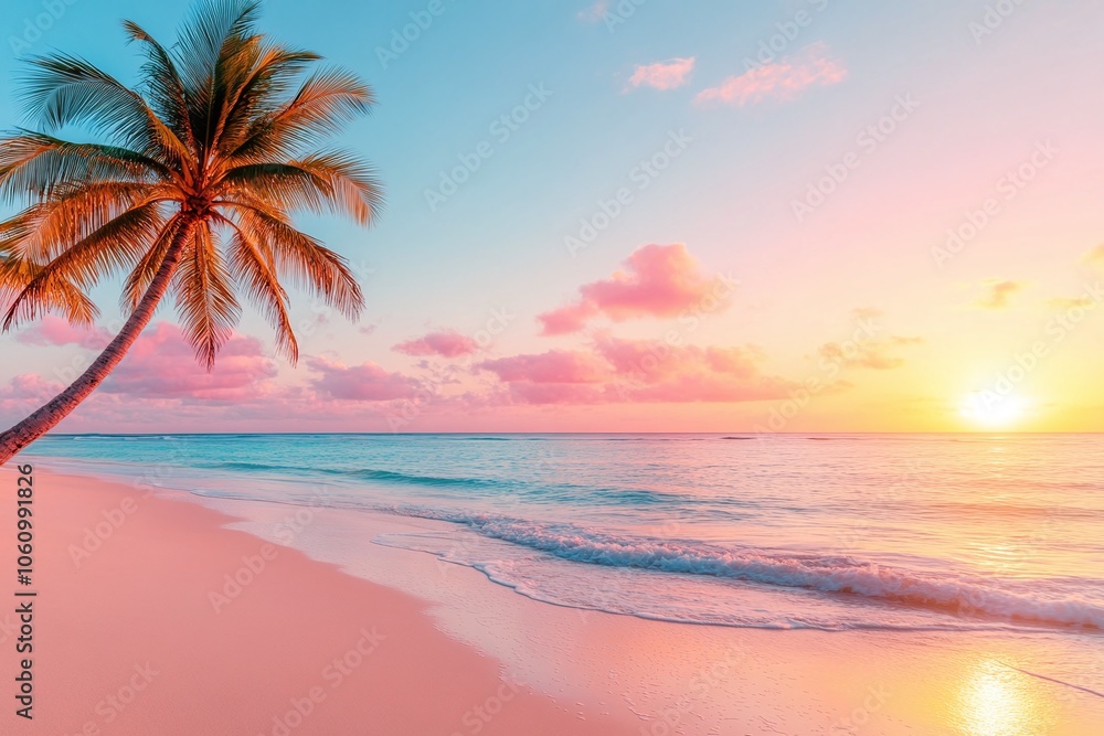 Obraz premium Tropical beach sunset with palm tree, pink and orange sky, calm ocean waves, beautiful paradise setting, serene and peaceful atmosphere, golden hour beach view, idyllic summer evening, copy space for 