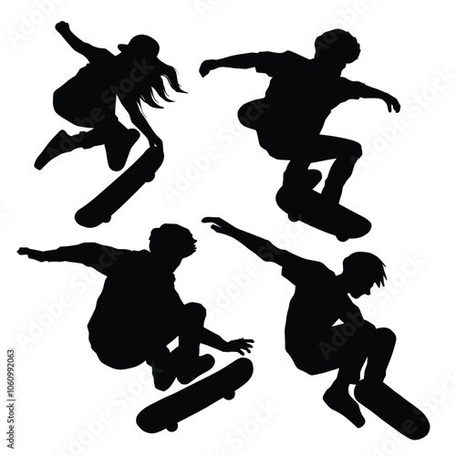 silhouette people skateboarding set, flying and freestyle skateboard vector black and white