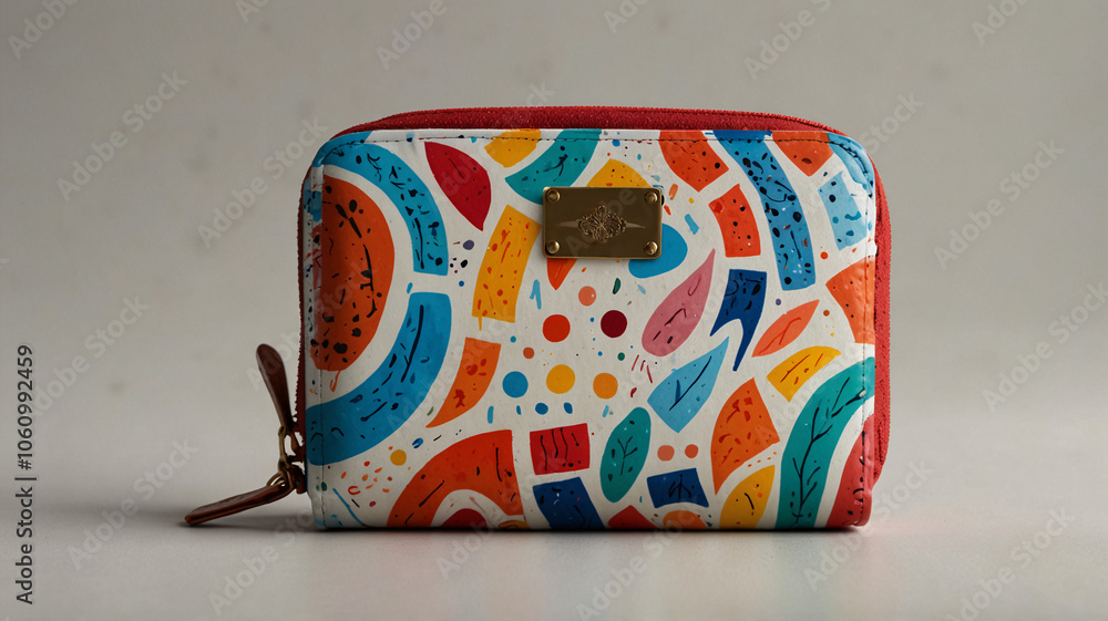 Zipper wallet with vibrant multicolor print on a soft light monotone background for stylish accessory display Zipper wallet with vibrant multicolor print on a soft light monotone background for stylish accessory display