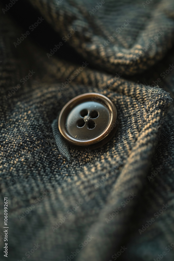 A close-up view of a black button on a dark gray sweater A close-up view of a black button on a dark gray sweater