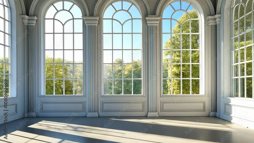 Bright sunlight streaming through elegant arched windows in a grand room Bright sunlight streaming through elegant arched windows in a grand room
