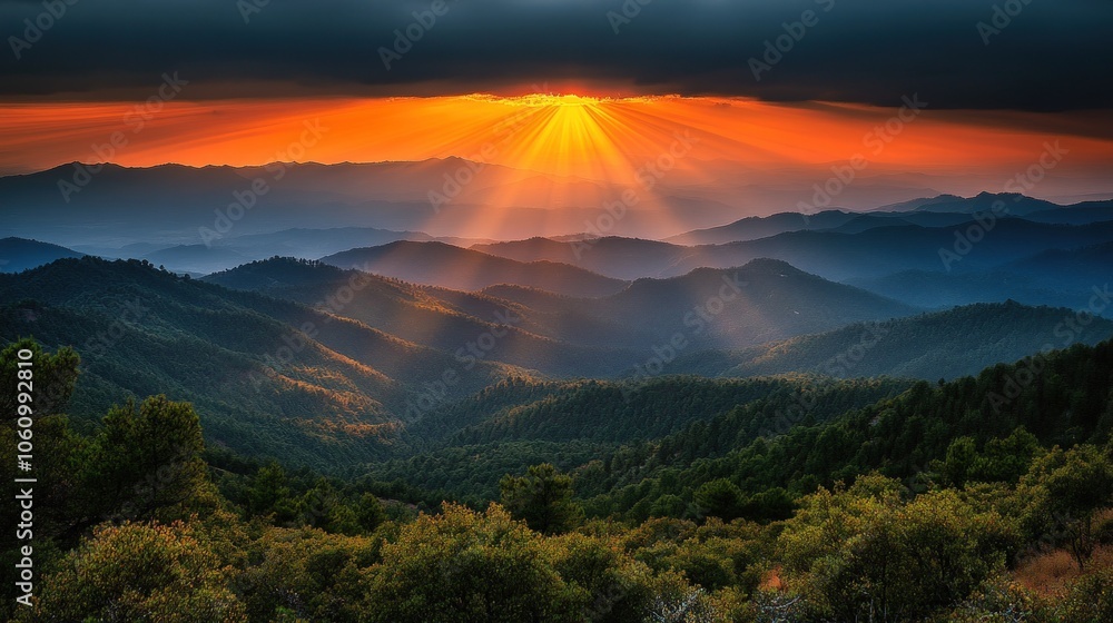 Dramatic sunset over a mountain range with sun rays breaking through the clouds. Dramatic sunset over a mountain range with sun rays breaking through the clouds.