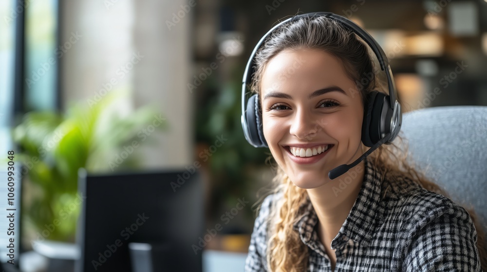 A woman in a headset smiles while sitting at a computer A woman in a headset smiles while sitting at a computer