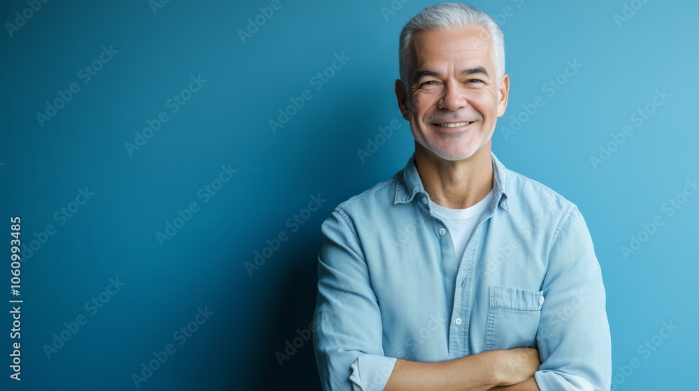 A man smiling warmly with arms folded in front of a blue wall A man smiling warmly with arms folded in front of a blue wall