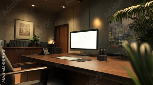 A modern office workspace featuring a desk, computer, and plants for a professional atmosphere.