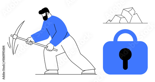 A worker uses a pickaxe, accompanied by rocks and a lock icon. Ideal for illustrating cybersecurity, data mining, digital security, cryptocurrency mining, and online protection themes. Simple