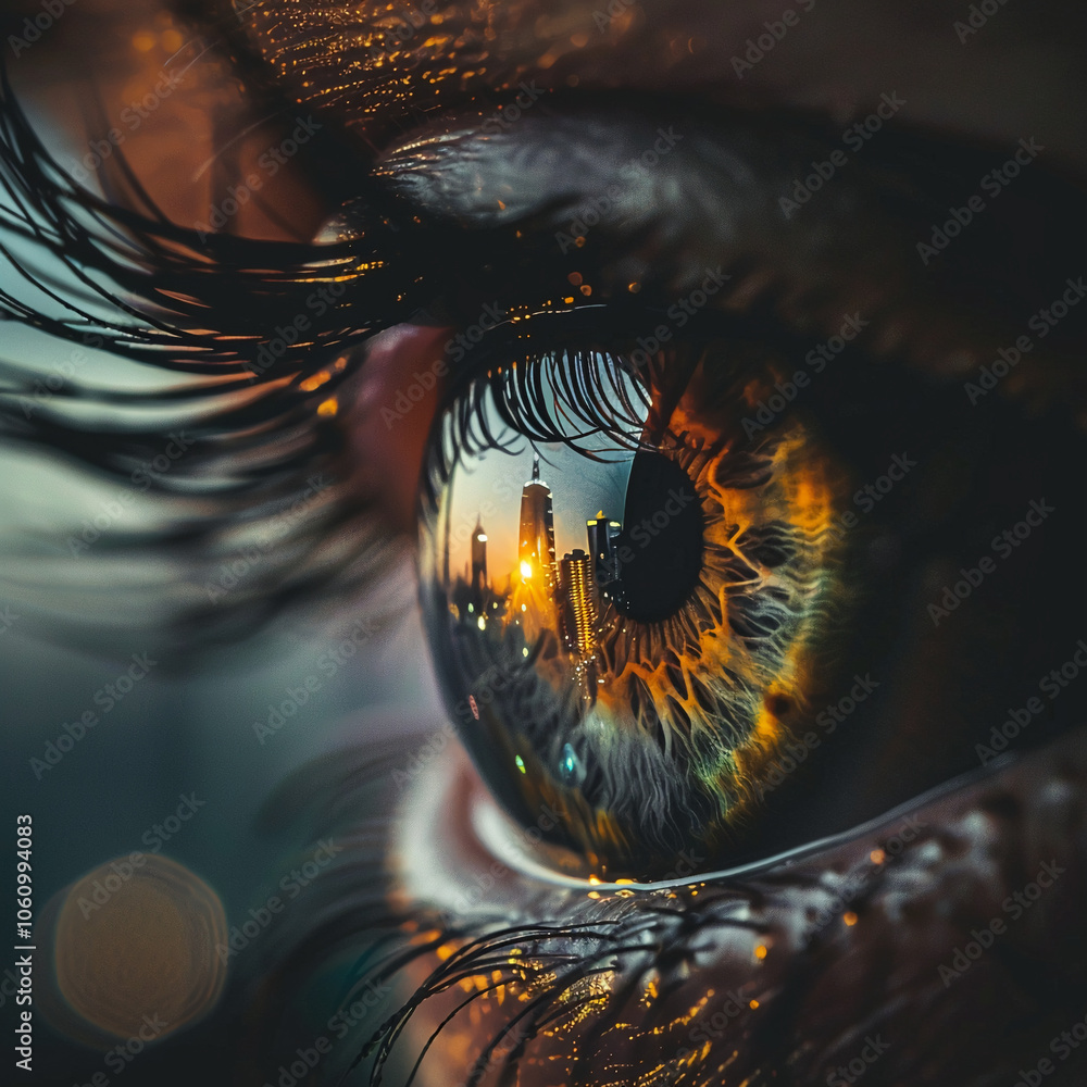 A close-up of an eye reflecting a city skyline at sunset A close-up of an eye reflecting a city skyline at sunset