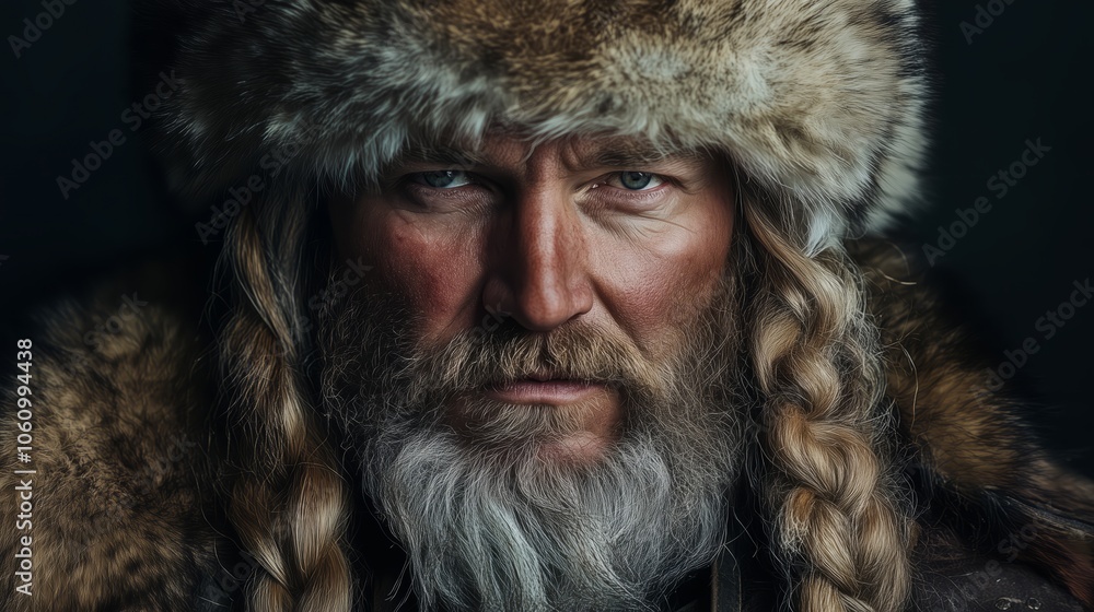 A man wearing a fur hat and having a beard is completely covered in snow A man wearing a fur hat and having a beard is completely covered in snow