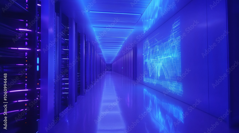 Blue Neon Lit Server Room Corridor with Data Network Visualization Blue Neon Lit Server Room Corridor with Data Network Visualization