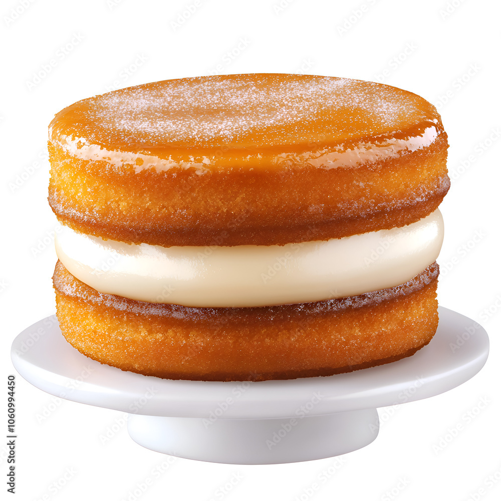 Delightful layered dessert featuring a golden sponge cake filled with creamy frosting, displayed on a small white cake stand Delightful layered dessert featuring a golden sponge cake filled with creamy frosting, displayed on a small white cake stand