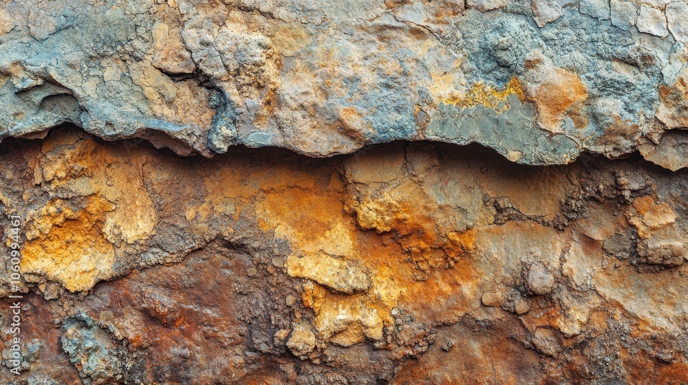 Rough textured rock face with vibrant orange and blue hues. Rough textured rock face with vibrant orange and blue hues.