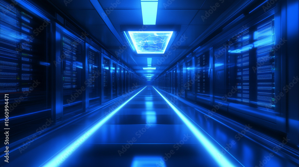 Futuristic Server Room Corridor with Blue Neon Lights Futuristic Server Room Corridor with Blue Neon Lights