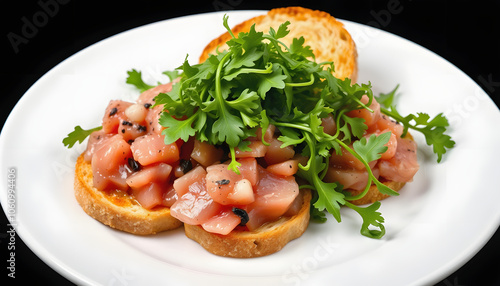 Tuna Tartare with Arugula and Toasts on White Plate - Black Background isolated with white shades, png