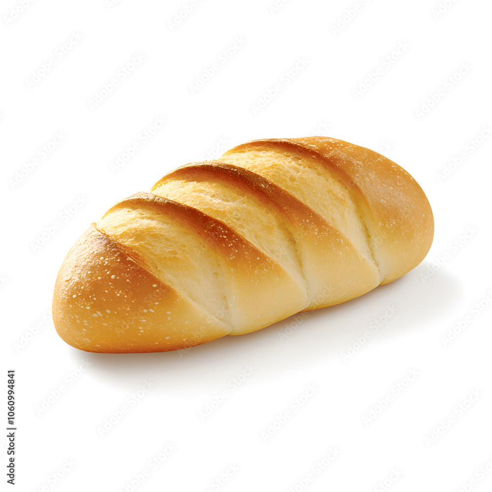 Freshly baked bread loaf with golden crust and soft interior, placed on a clean white surface, ready for serving at mealtime Freshly baked bread loaf with golden crust and soft interior, placed on a clean white surface, ready for serving at mealtime