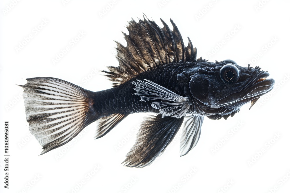 A stunning close-up of a Black Dragonfish, a fascinating deep-sea creature with a unique body shape and menacing appearance, showcasing its intricate fins and sharp teeth against a stark white backgro A stunning close-up of a Black Dragonfish, a fascinating deep-sea creature with a unique body shape and menacing appearance, showcasing its intricate fins and sharp teeth against a stark white backgro