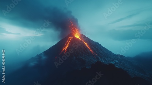 A volcano is actively erupting, with lava flowing out of it