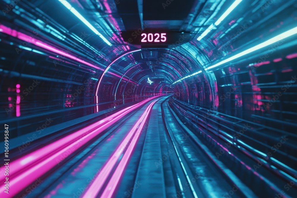 Neon light tunnel representing futuristic travel in 2025 with vibrant pink and blue hues Neon light tunnel representing futuristic travel in 2025 with vibrant pink and blue hues