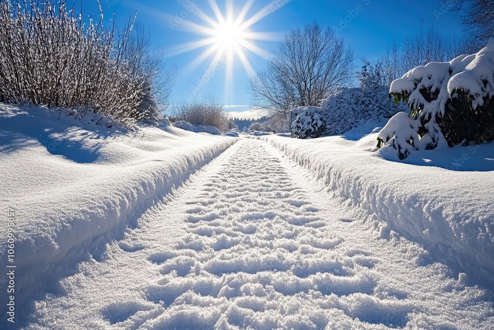 A snow-covered pathway illuminated by bright sunlight, with clear blue skies overhead and crisp shadows creating a beautiful winter landscape. A snow-covered pathway illuminated by bright sunlight, with clear blue skies overhead and crisp shadows creating a beautiful winter landscape.