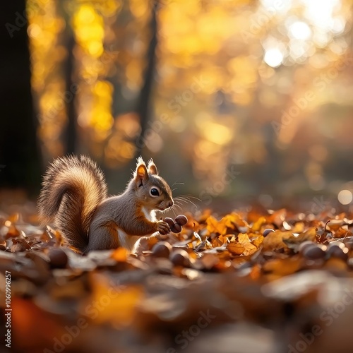 Squirrel Gathering Acorns in Autumn Forest