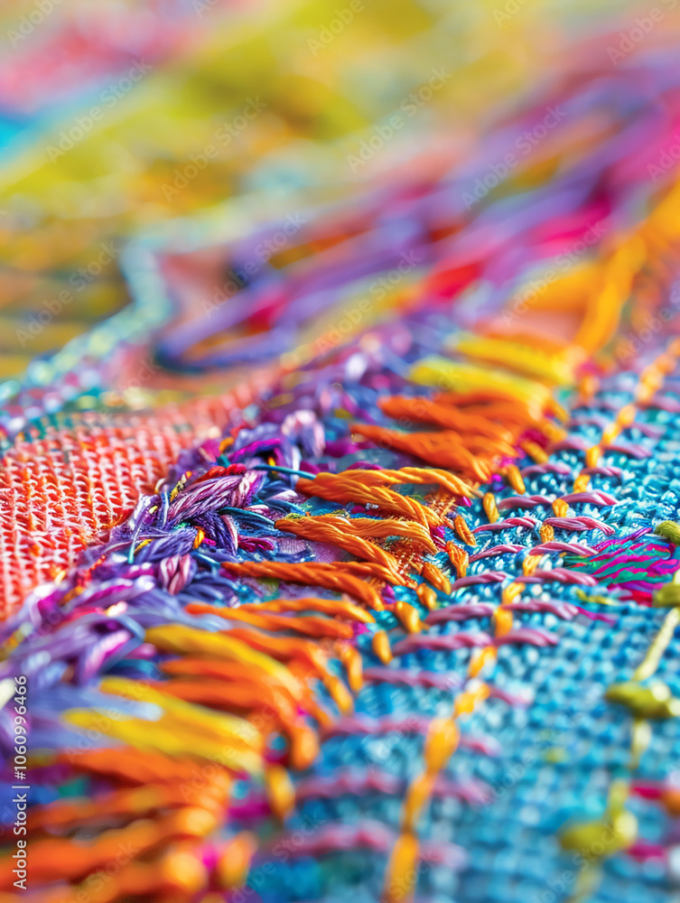 Obraz premium A close-up of colorful threads woven into a tapestry, showcasing intricate detail and vibrant hues