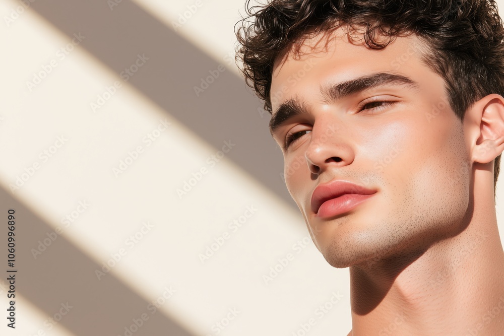 Sun-Kissed Confidence: A handsome young man with curly hair basks in the warm glow of sunlight, his gaze filled with a sense of serenity and self-assurance. Sun-Kissed Confidence: A handsome young man with curly hair basks in the warm glow of sunlight, his gaze filled with a sense of serenity and self-assurance.