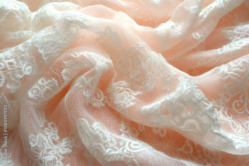 A delicate pink fabric featuring intricate white lace patterns, elegantly folded and layered, showcasing its soft texture and design. A delicate pink fabric featuring intricate white lace patterns, elegantly folded and layered, showcasing its soft texture and design.