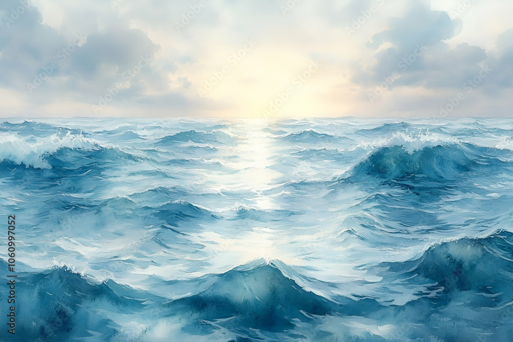 Fototapeta premium A tranquil ocean scene with gentle waves and soft sunlight peeking through clouds, creating a serene and calming atmosphere.
