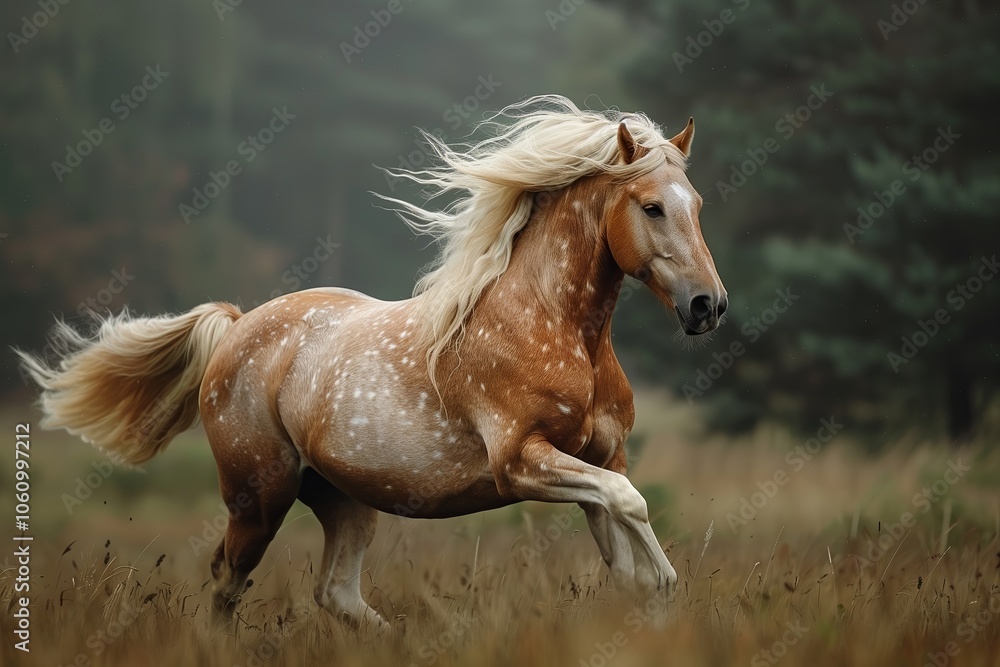 Obraz premium Red and palomino horse with long blond mane in motion on field