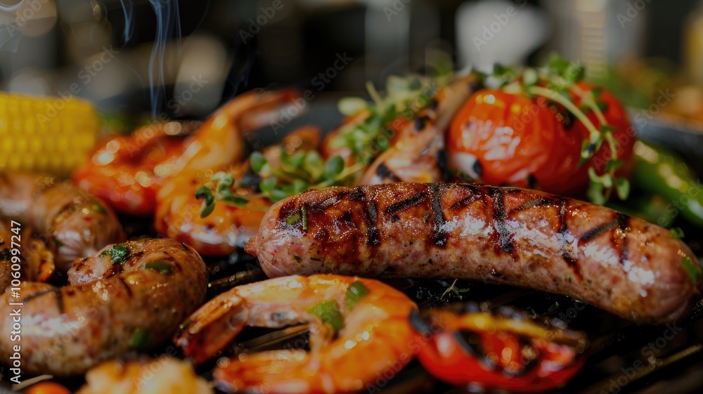 Grilled assortment with sausages, shrimp, and vegetables on a barbecue grill,Australia Day Grilled assortment with sausages, shrimp, and vegetables on a barbecue grill,Australia Day