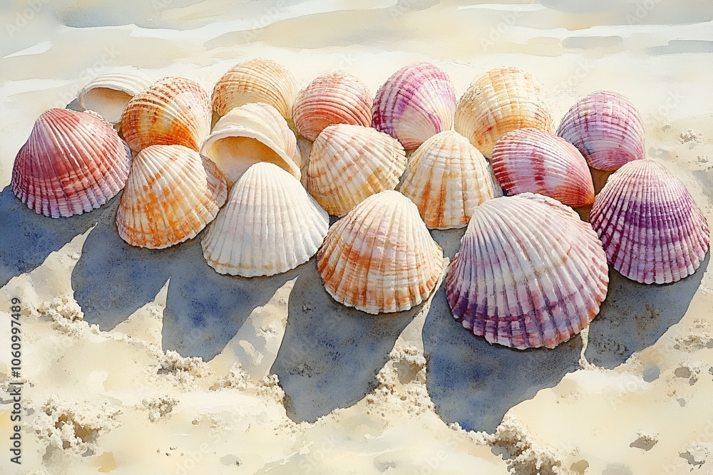 A colorful collection of seashells scattered on a sandy beach, showcasing natural patterns and textures under soft sunlight. A colorful collection of seashells scattered on a sandy beach, showcasing natural patterns and textures under soft sunlight.