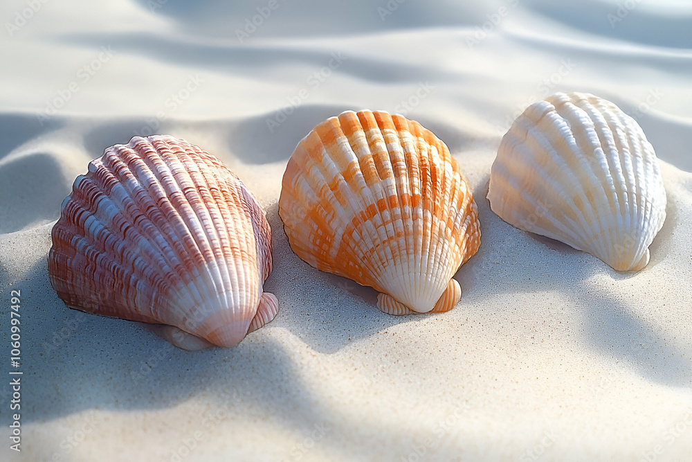 A serene composition of three colorful sea shells resting on a sandy surface, showcasing their unique textures and patterns in soft, natural light. A serene composition of three colorful sea shells resting on a sandy surface, showcasing their unique textures and patterns in soft, natural light.