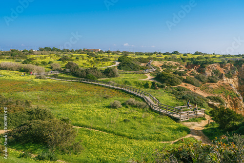 Wooden boardwalk along the cliffs in Lagos, Algarve, Portugal